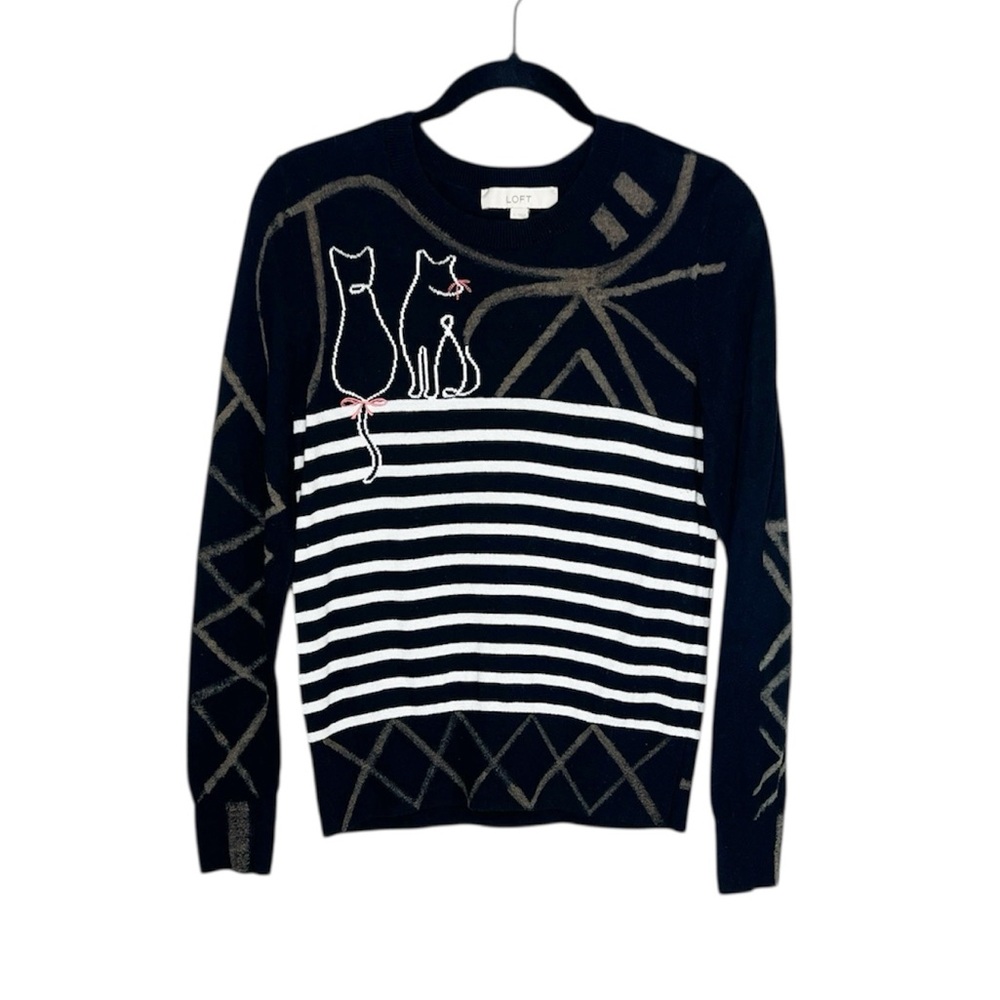 LOFT Cat Artsy Black and White Striped Whimsical crewneck Sweater size Small
